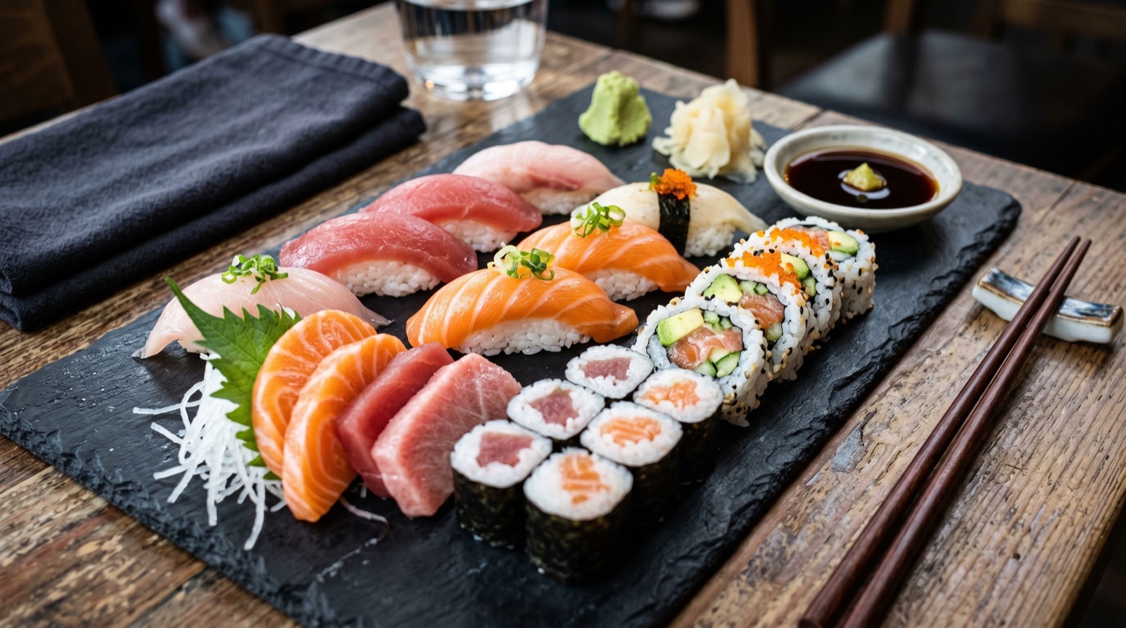 Fresh sushi and sashimi platter on a slate board